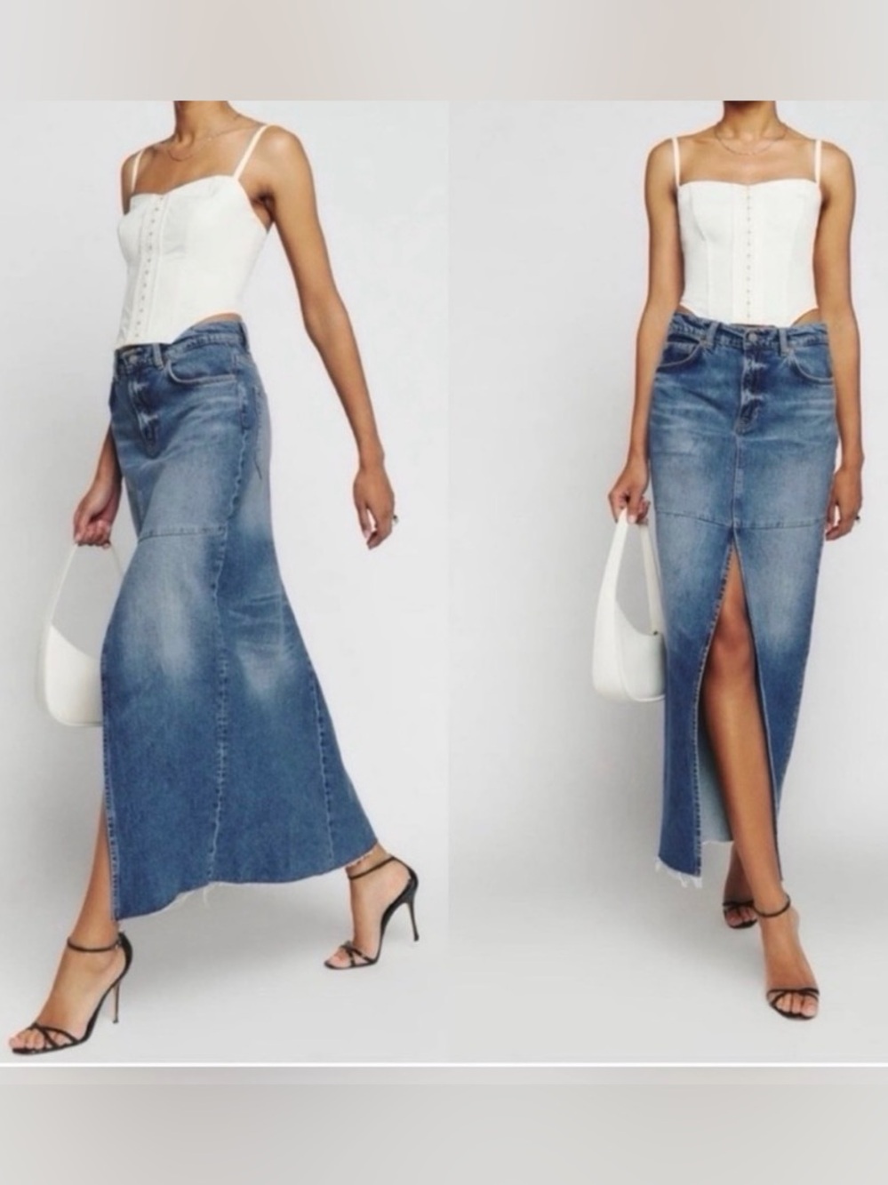 Reformation Tazz Maxi Denim Skirt Hemlock Wash Front Slit Sz 25 Boho Chic EUC